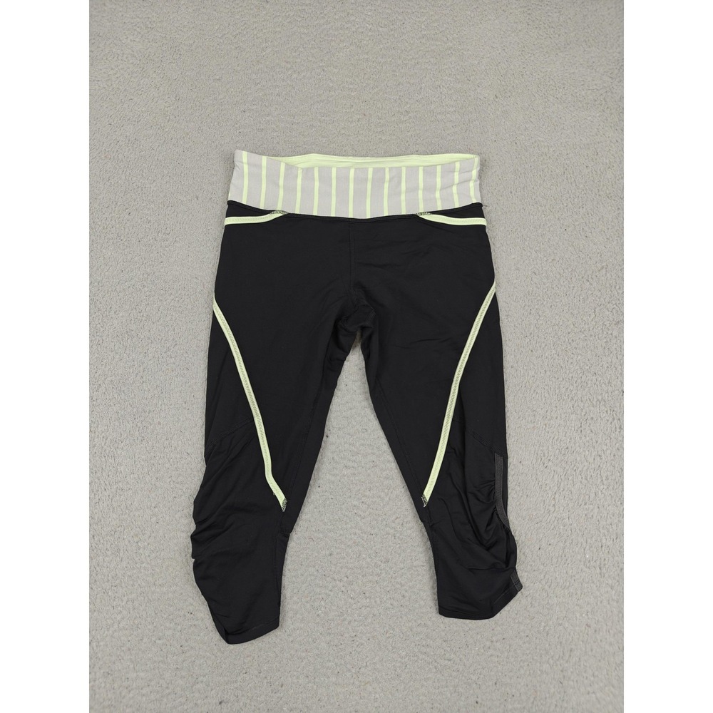 Lululemon Leggings Womens 6 Black Stripe Capri Running Ruched Mesh Zip Pocket